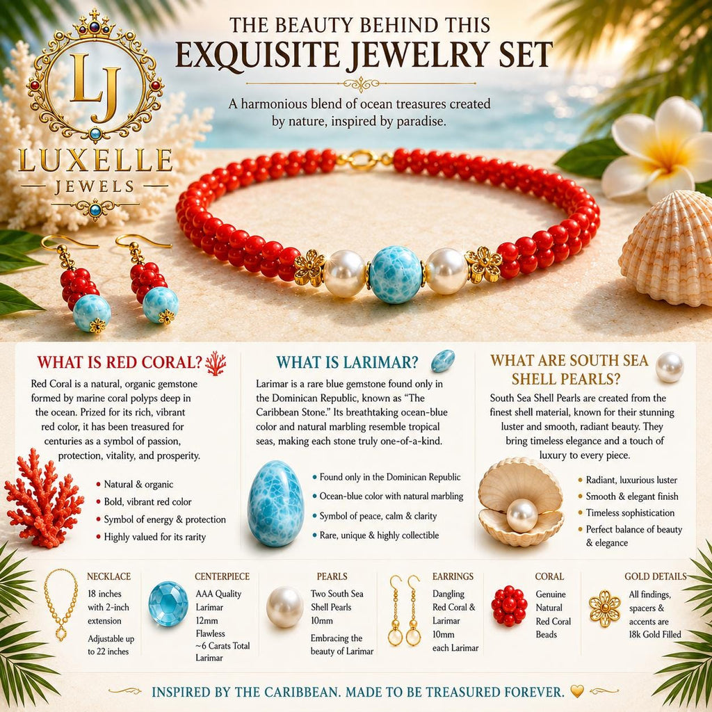 AAA Larimar, Red Coral, South Seashell Pearl Jewelry Set * Striking Design * Authentic Dominican Gemstone