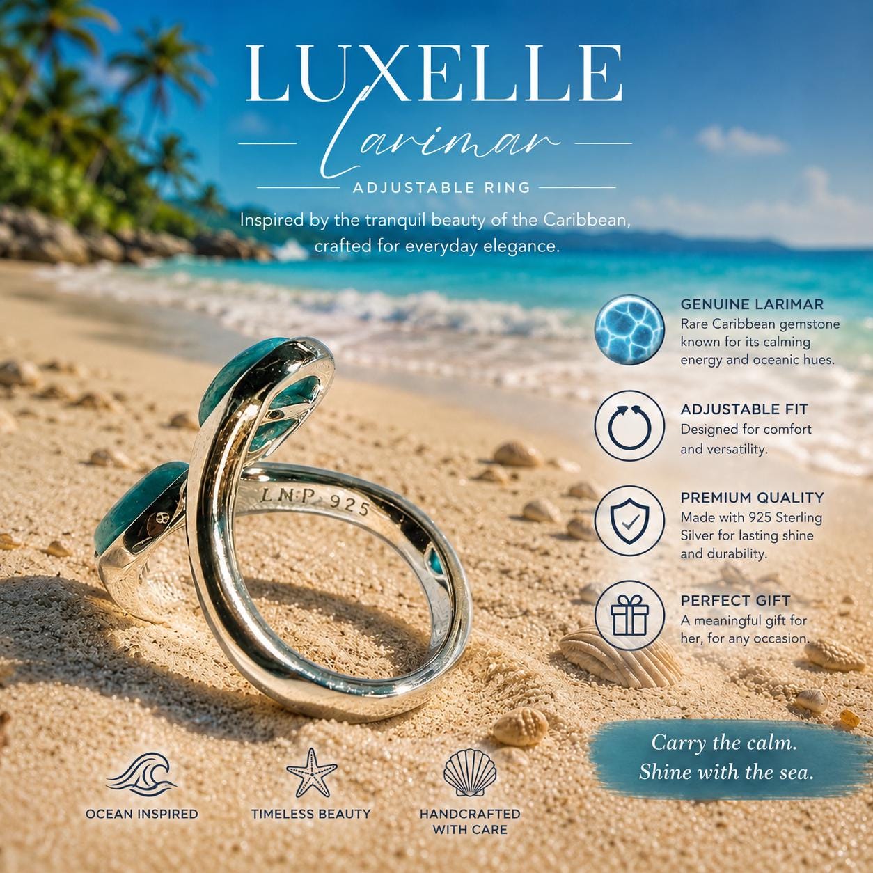 AAA Larimar Adjustable Ring * Authentic Dominican Gemstone * Solid 925 Sterling Silver * Ocean Inspired