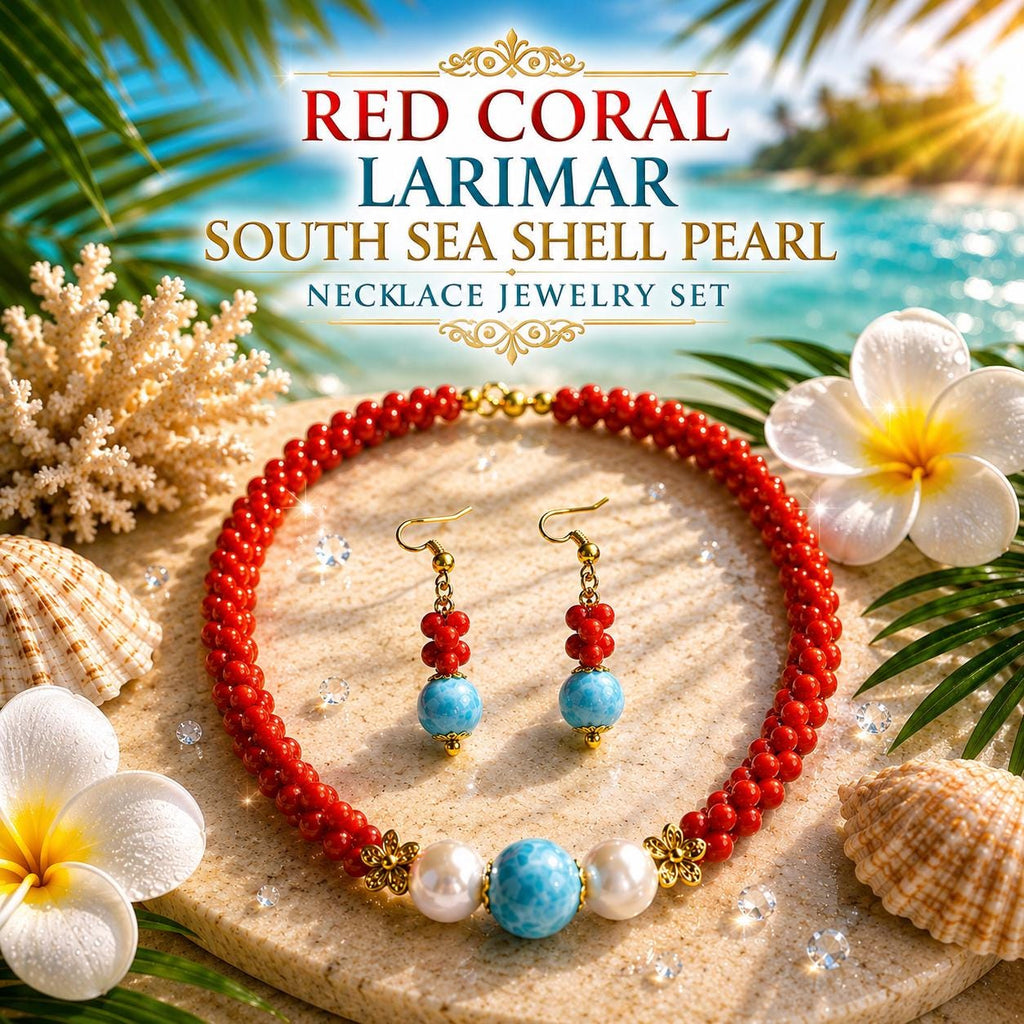 AAA Larimar, Red Coral, South Seashell Pearl Jewelry Set * Striking Design * Authentic Dominican Gemstone