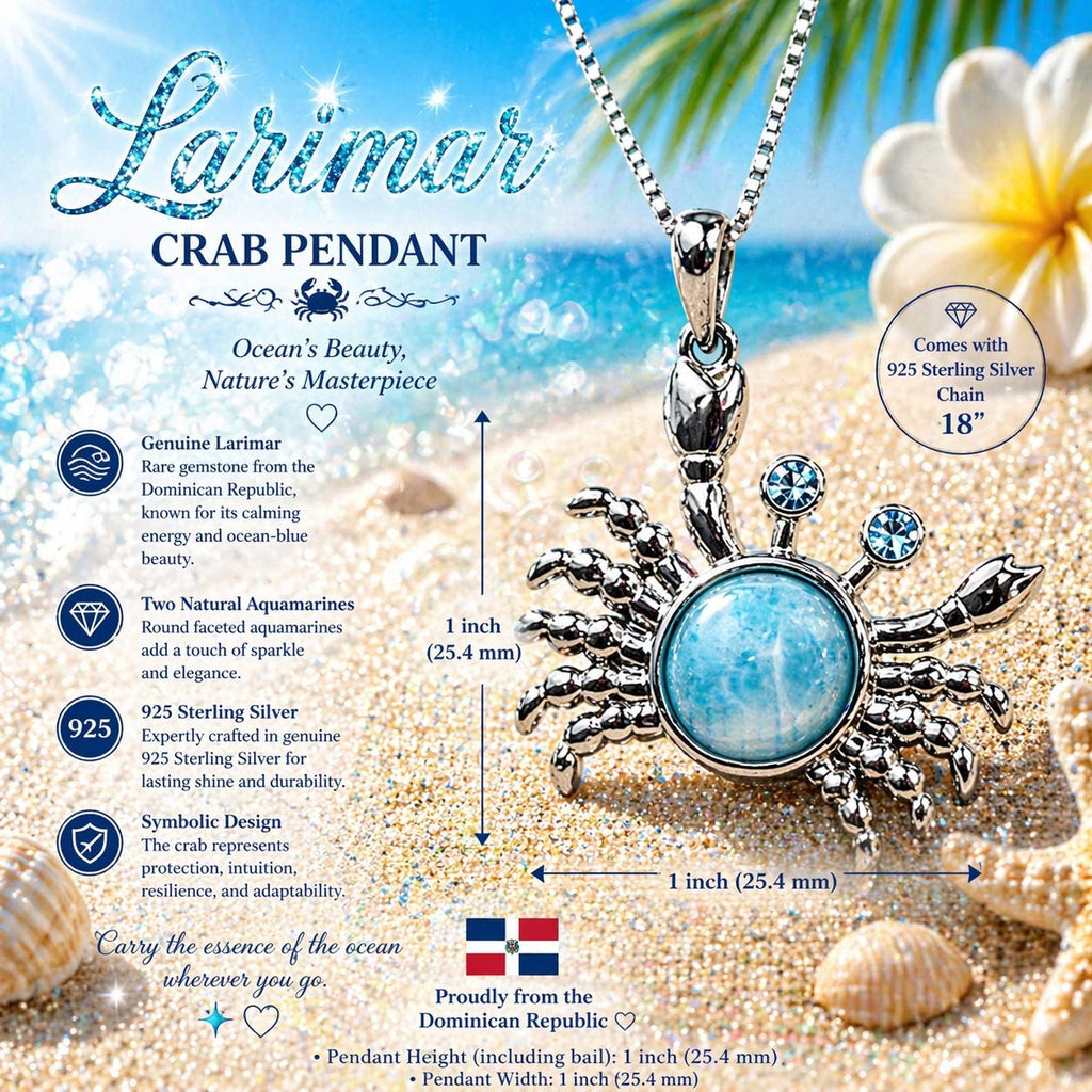 AAA Larimar Crab Pendant * Authentic Dominican Republic Gemstone * 925 Sterling Silver Coastal Jewelry