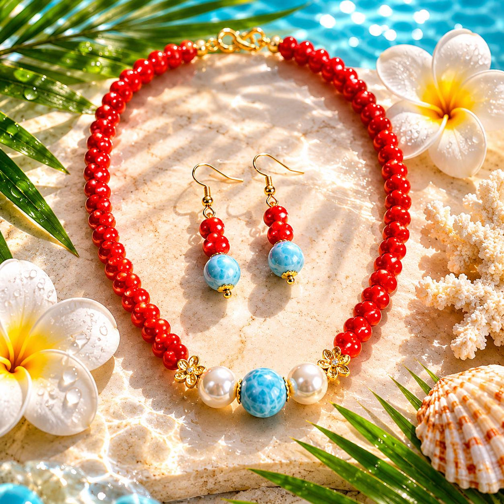 AAA Larimar, Red Coral, South Seashell Pearl Jewelry Set * Striking Design * Authentic Dominican Gemstone