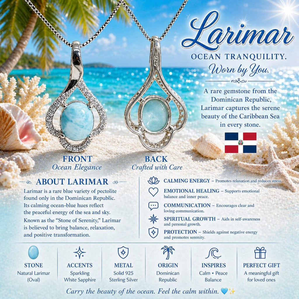 AAA Larimar Oval Pendant with White Sapphire * Authentic Dominican Republic Gemstone * 925 Sterling Silver