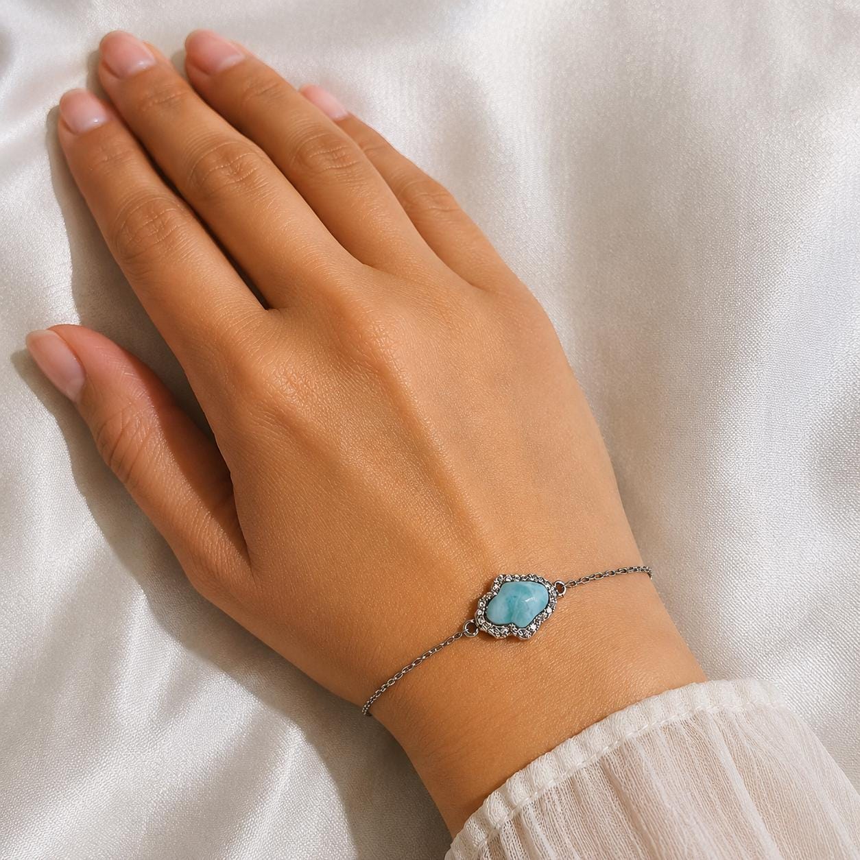 AAA Larimar Hamsa Bracelet * Authentic Dominican Republic Larimar * Solid 925 Sterling Silver * Meaningful Gift