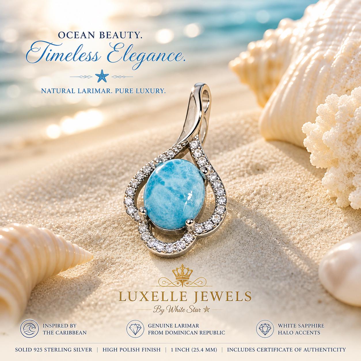 AAA Larimar Oval Pendant with White Sapphire * Authentic Dominican Republic Gemstone * 925 Sterling Silver