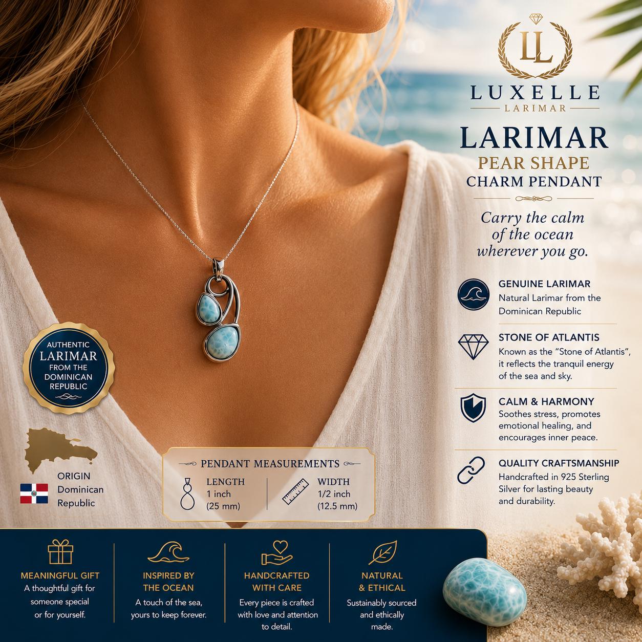 AAA Larimar Pear Shape Pendant * Teardrop Design * Authentic Dominican Larimar * Solid 925 Sterling Silver *