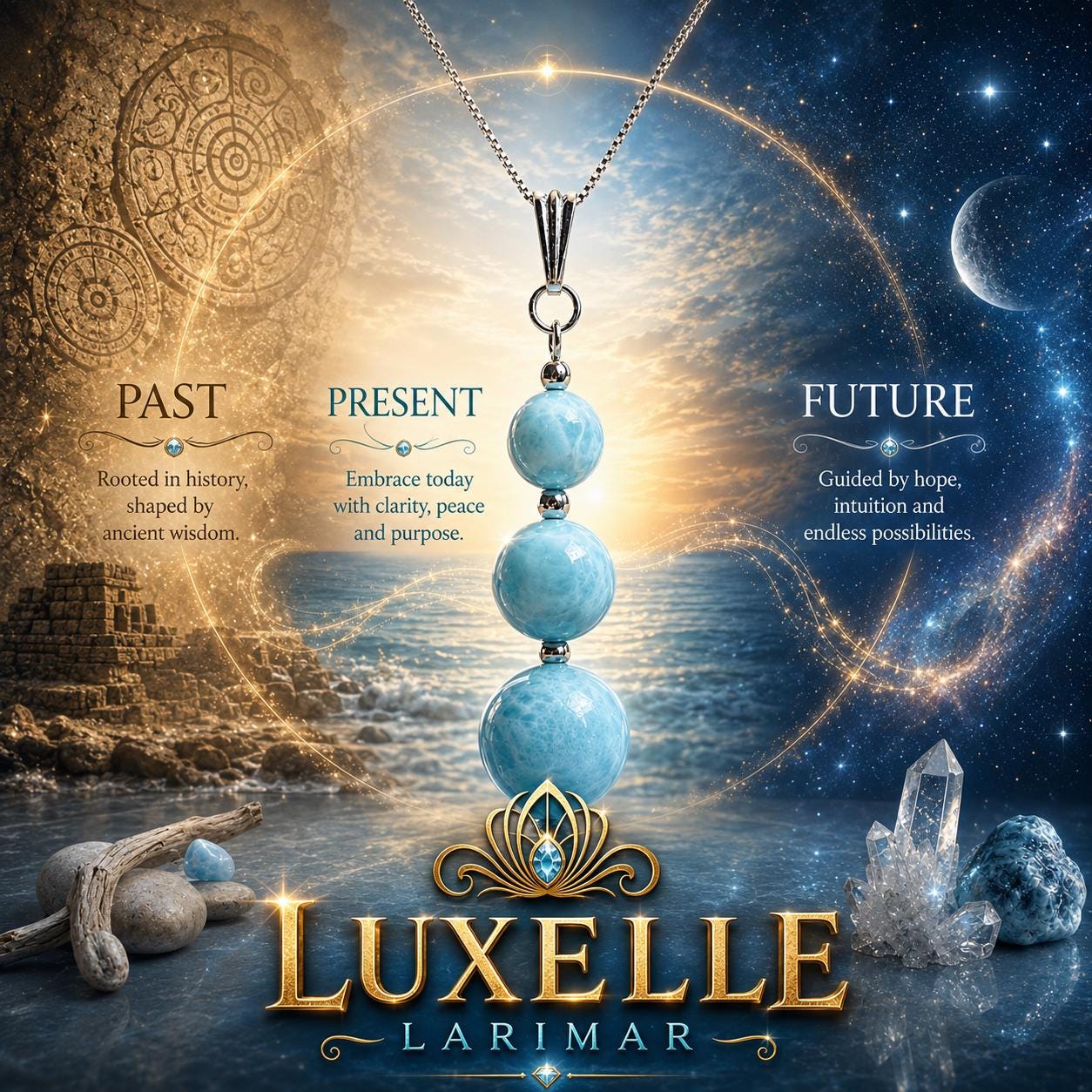 AAA Larimar Past Present Future Necklace, Dominican Republic Gemstone Jewelry