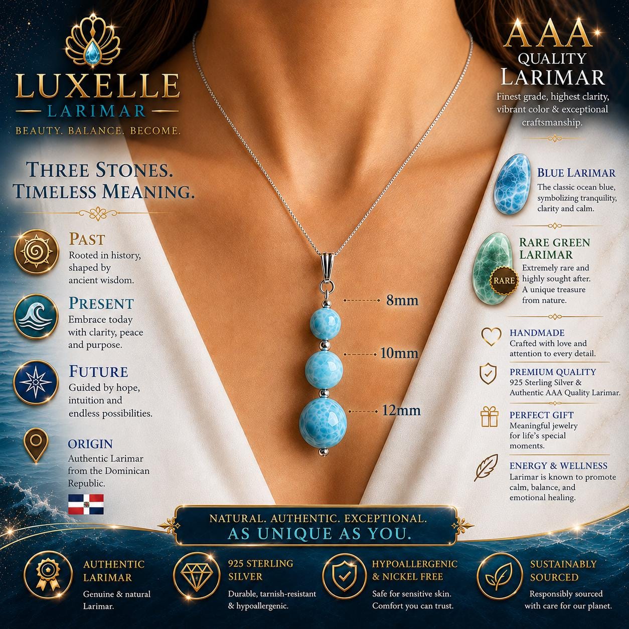 AAA Larimar Past Present Future Necklace, Dominican Republic Gemstone Jewelry