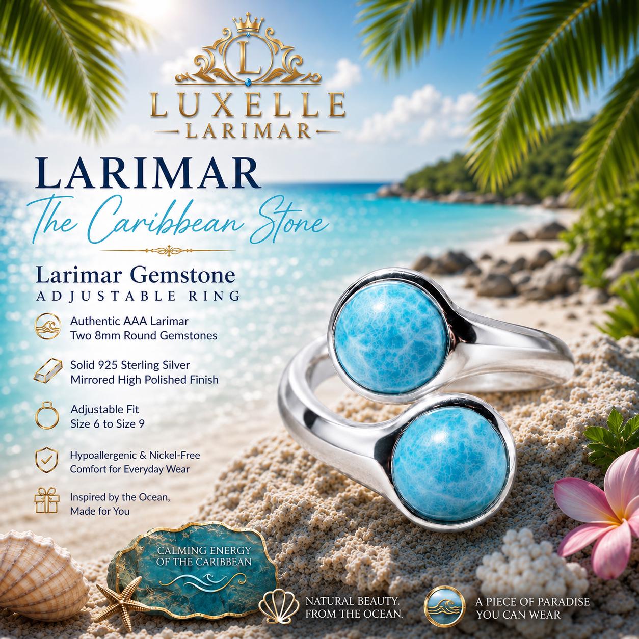 AAA Larimar Adjustable Ring * Authentic Dominican Gemstone * Solid 925 Sterling Silver * Ocean Inspired