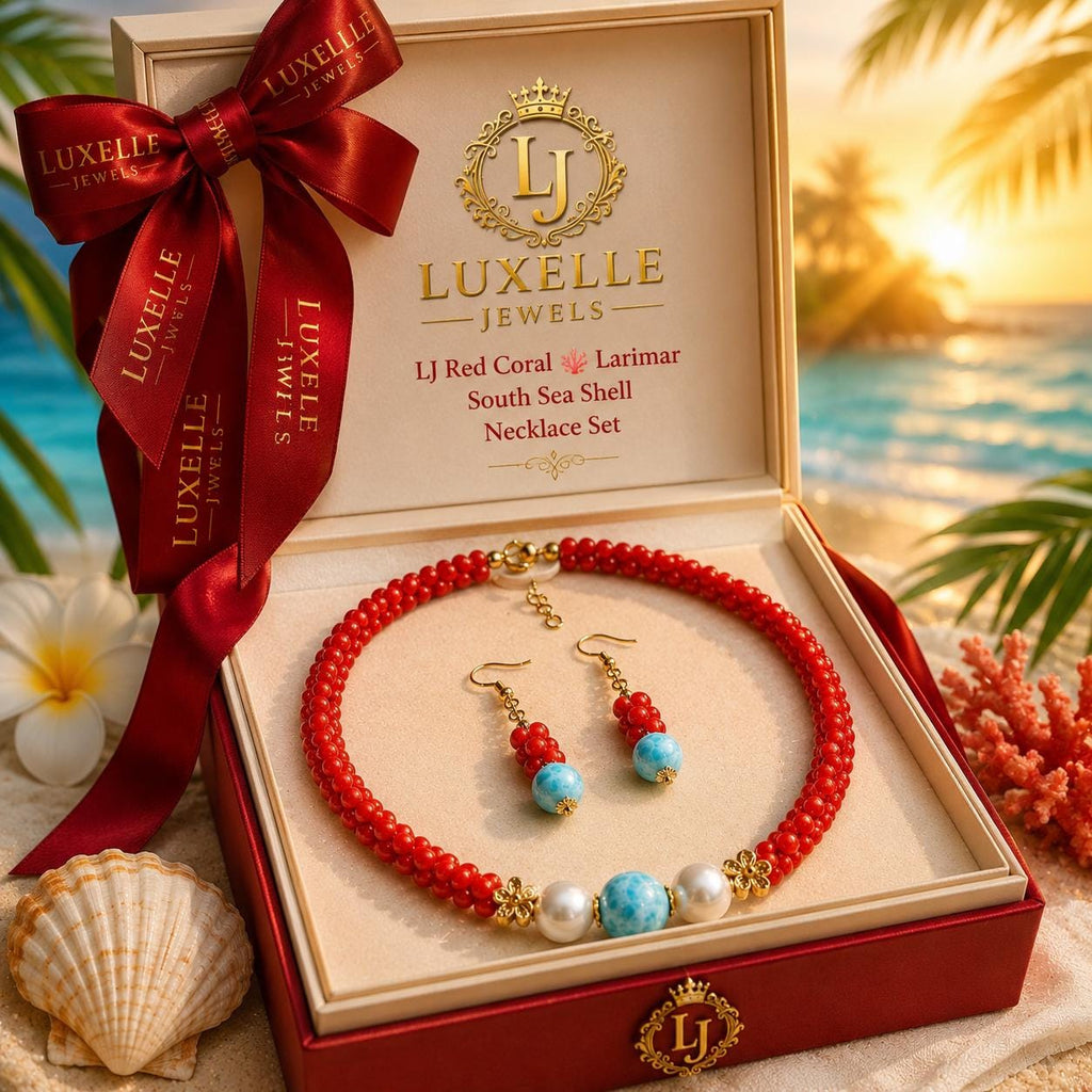 AAA Larimar, Red Coral, South Seashell Pearl Jewelry Set * Striking Design * Authentic Dominican Gemstone