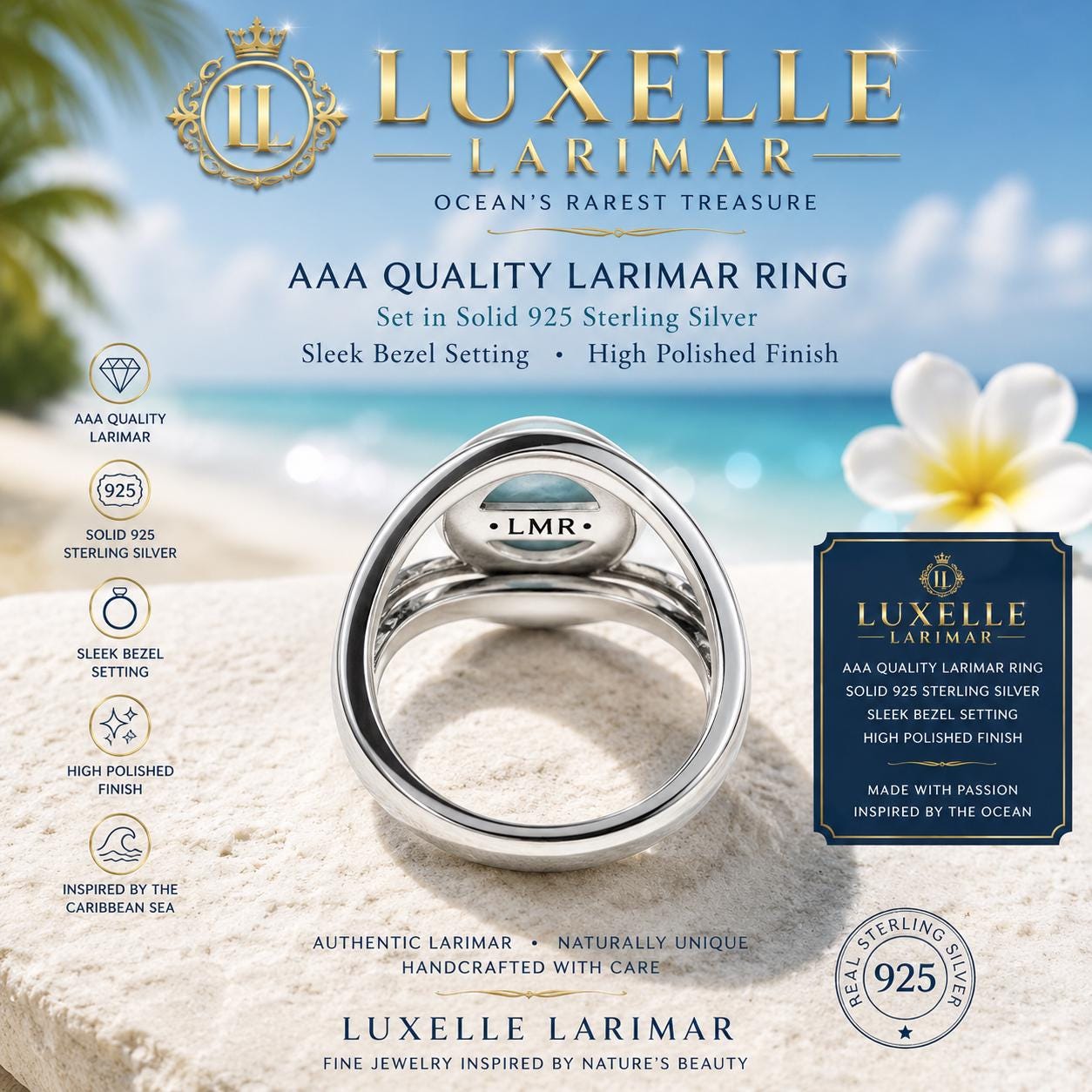 AAA Larimar Ring * Authentic Dominican Larimar * Solid 925 Sterling Silver * Caribbean Ocean Inspired