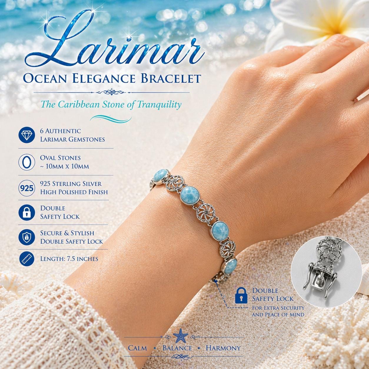 AAA Larimar Oval Gemstone Bracelet * Authentic Dominican Gemstone * Solid 925 Sterling Silver *