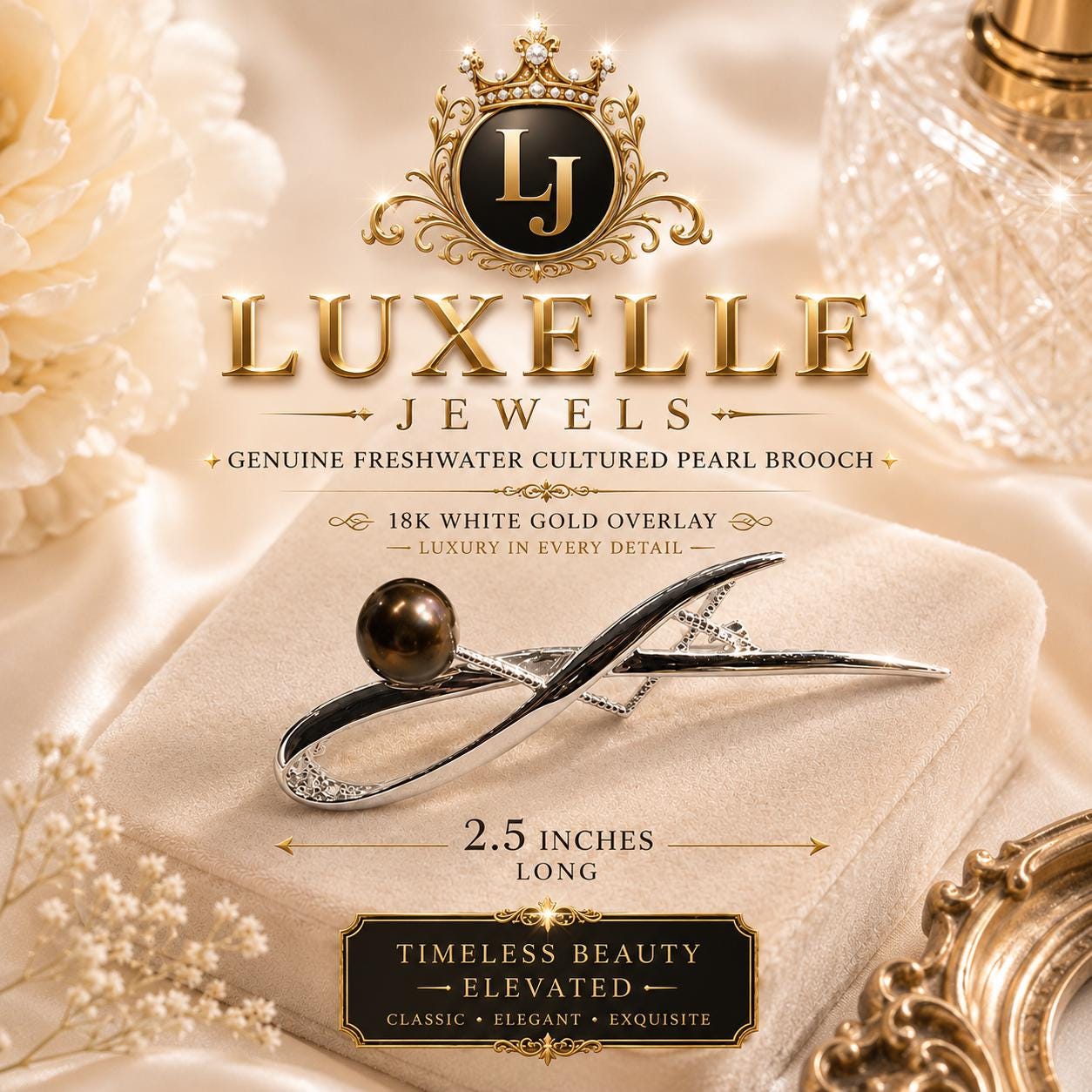 Natural Freshwater Cultured Pearl Brooch * Chocolate Pearl (Enhanced) 18k White Gold Overlay