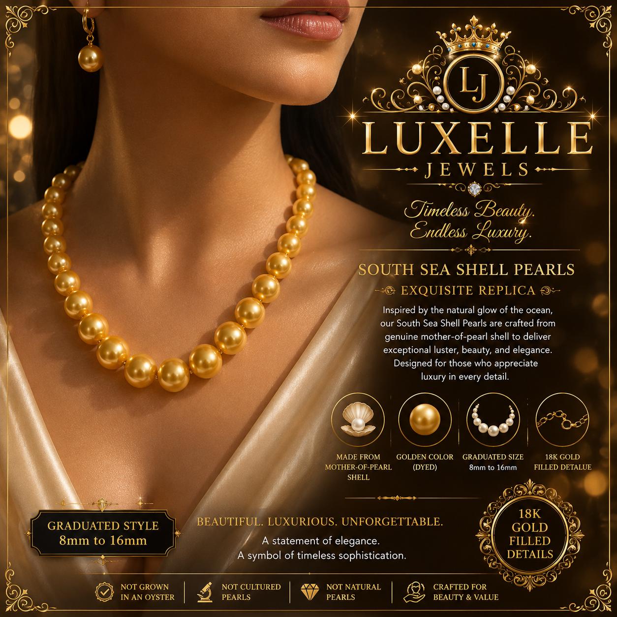 South Sea Shell Graduated Pearl Necklace, 8mm-16mm, 18K Gold Filled Details