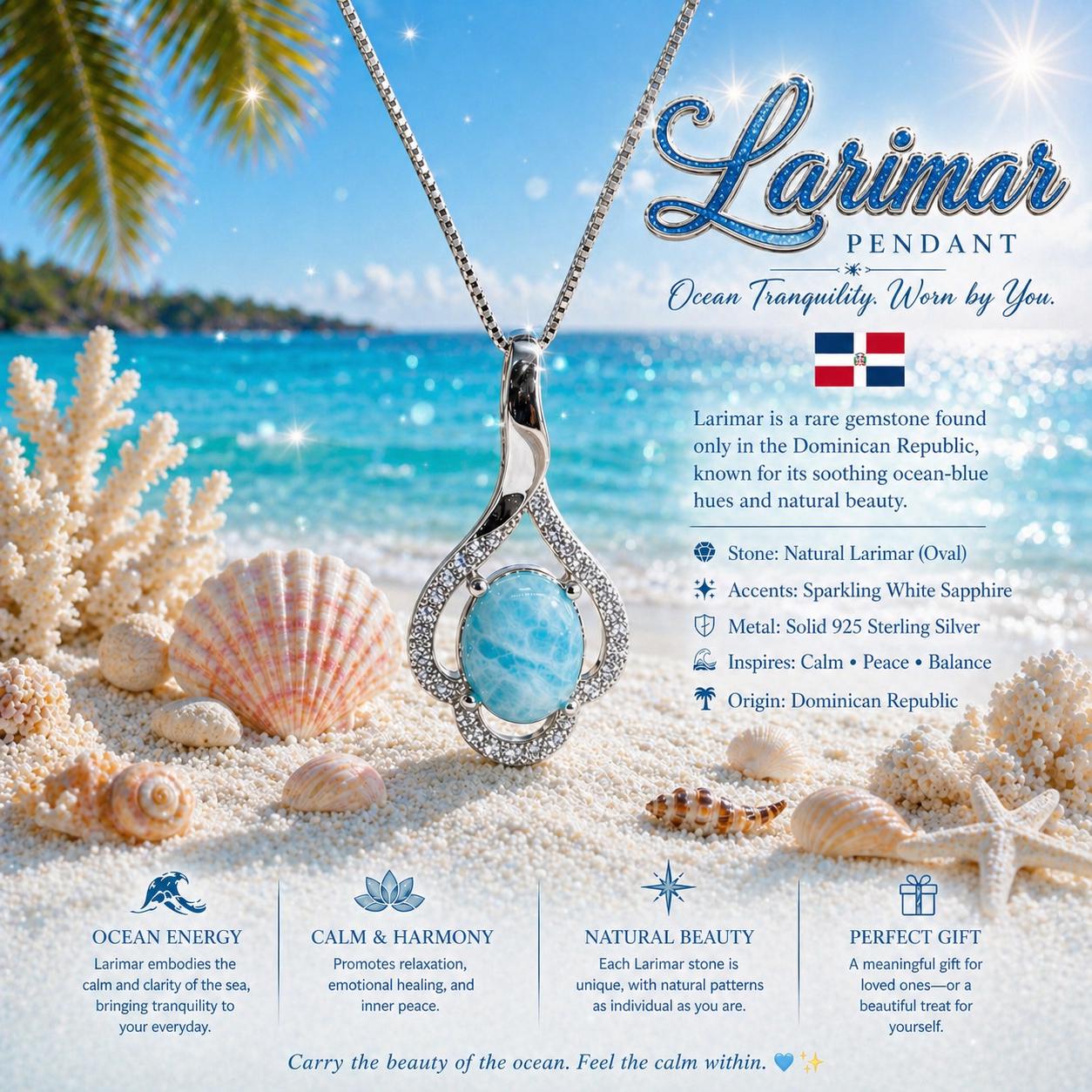 AAA Larimar Oval Pendant with White Sapphire * Authentic Dominican Republic Gemstone * 925 Sterling Silver