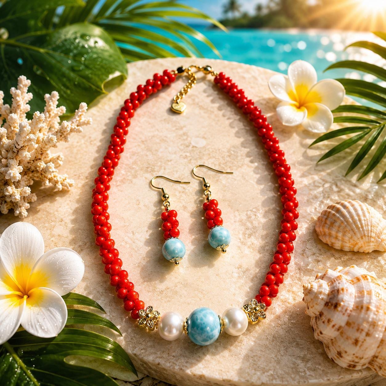 AAA Larimar, Red Coral, South Seashell Pearl Jewelry Set * Striking Design * Authentic Dominican Gemstone
