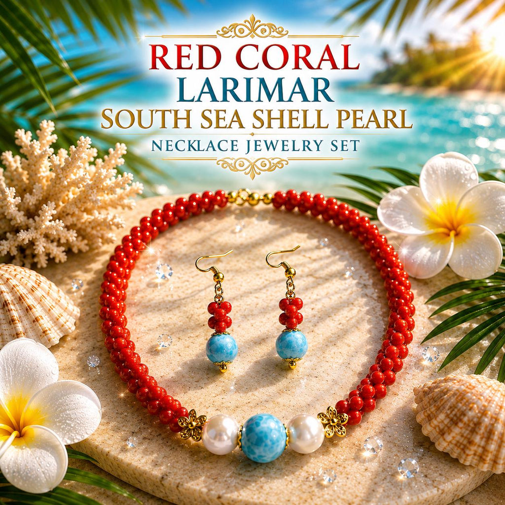 AAA Larimar, Red Coral, South Seashell Pearl Jewelry Set * Striking Design * Authentic Dominican Gemstone