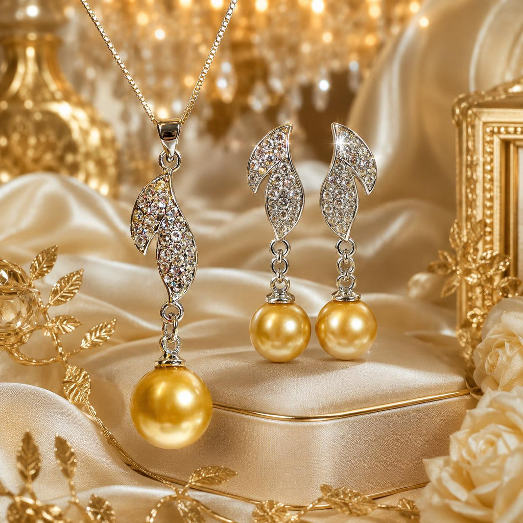 South Seashell Pearl * Jewelry Set * 18k White Gold Overlay * Sparkling Faceted Accent *