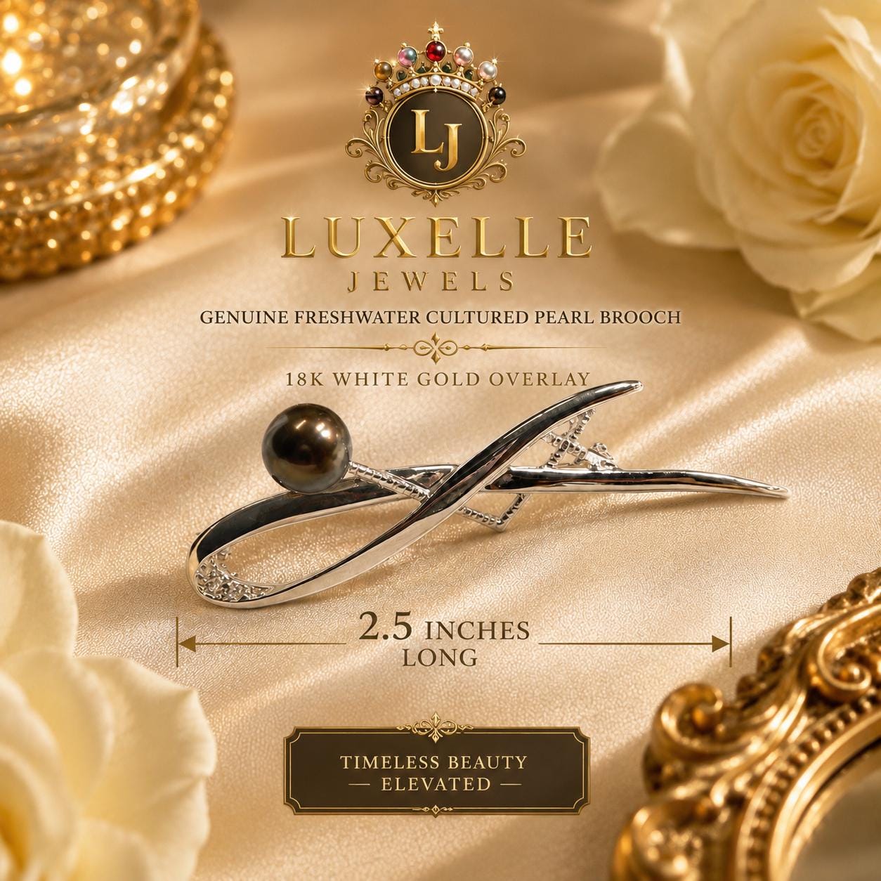 Natural Freshwater Cultured Pearl Brooch * Chocolate Pearl (Enhanced) 18k White Gold Overlay