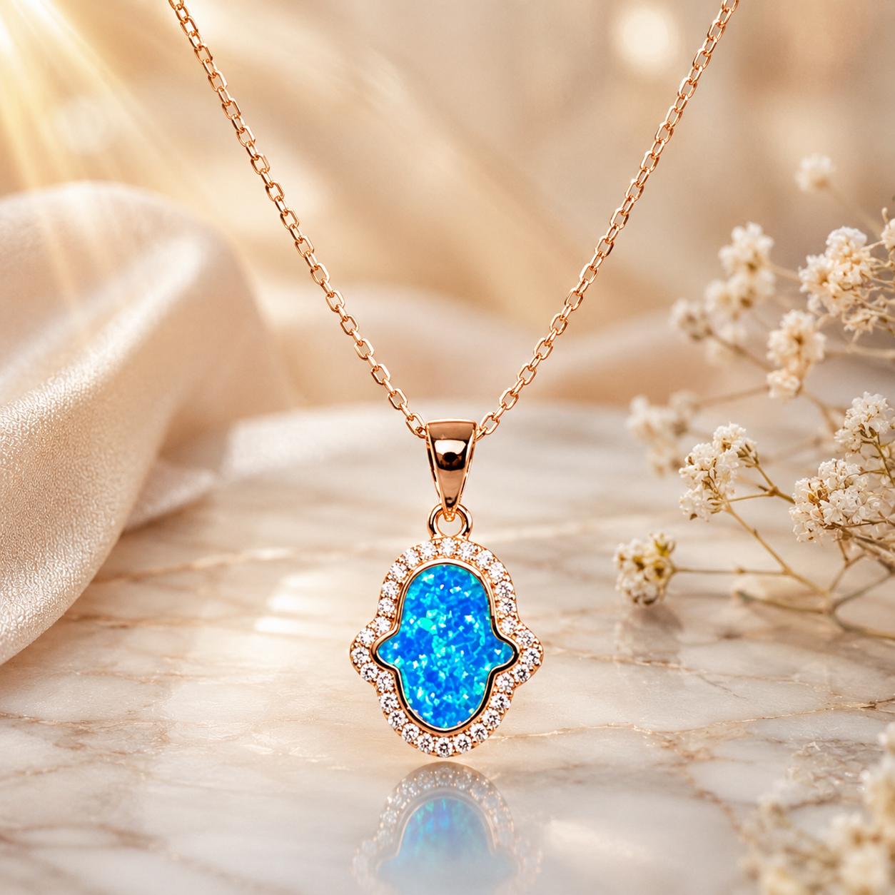 18k Rose Gold Vermeil Hamsa Opal Necklace – Protection, Intuition, Light