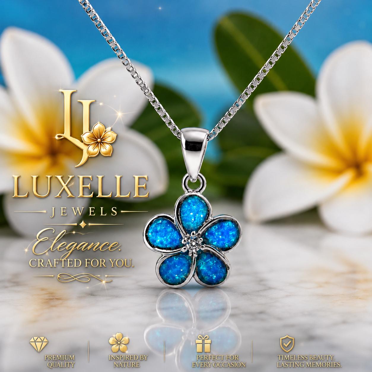 LUXELLE Blue Opal Plumeria Necklace * Hawaiian Flower Pendant * Gift for Her