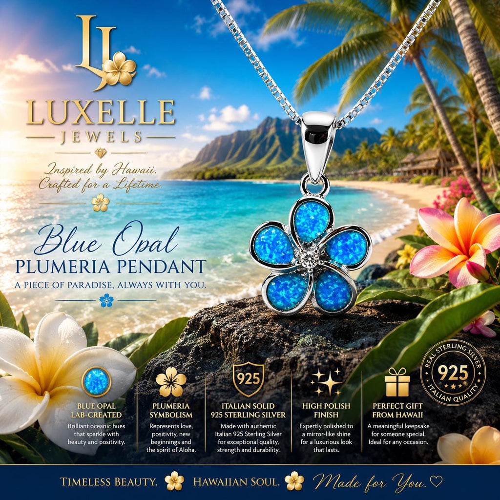 LUXELLE Blue Opal Plumeria Necklace * Hawaiian Flower Pendant * Gift for Her