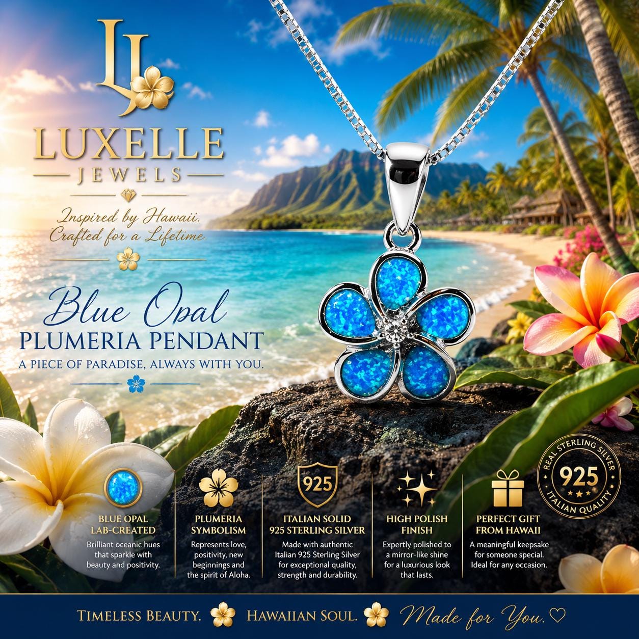 LUXELLE Blue Opal Plumeria Necklace * Hawaiian Flower Pendant * Gift for Her