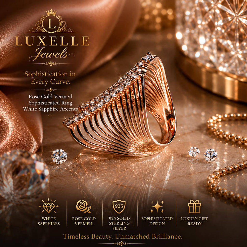 LUXELLE Rose Gold Vermeil Statement Ring with White Sapphires, Sterling Silver Cocktail Ring