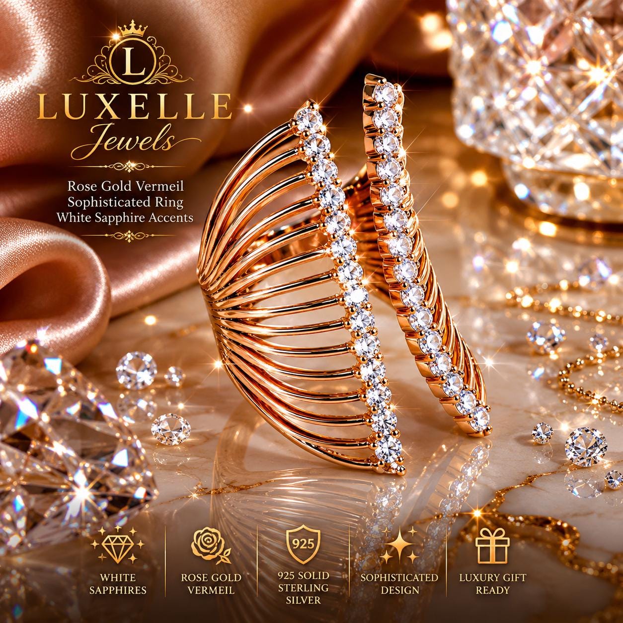 LUXELLE Rose Gold Vermeil Statement Ring with White Sapphires, Sterling Silver Cocktail Ring