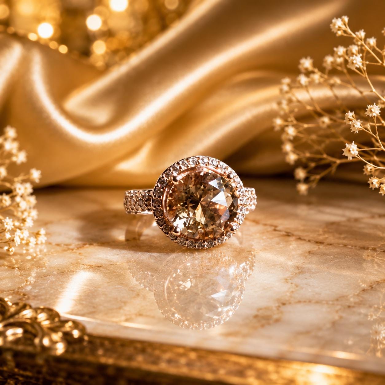 Morganite Princess Cut Ring, 18K Gold Vermeil, Cocktail Jewelry