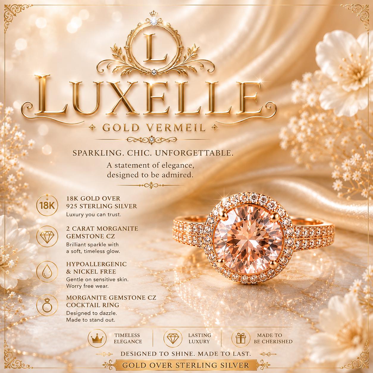 Morganite Princess Cut Ring, 18K Gold Vermeil, Cocktail Jewelry