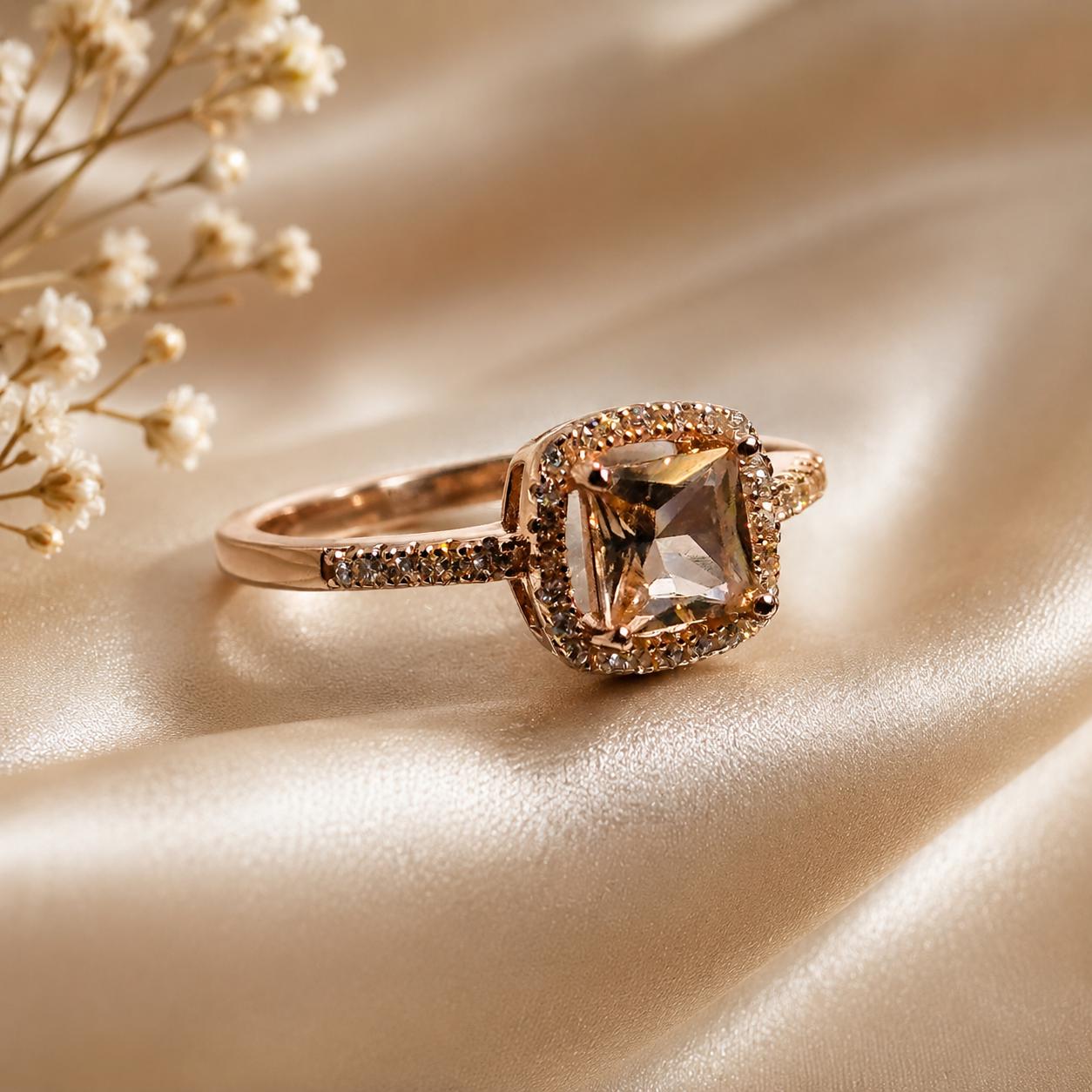 18K Rose Gold Vermeil Morganite Princess Cut Ring, White Sapphire Halo (CZ)