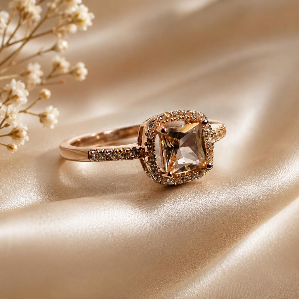18K Rose Gold Vermeil Morganite Princess Cut Ring, White Sapphire Halo (CZ)