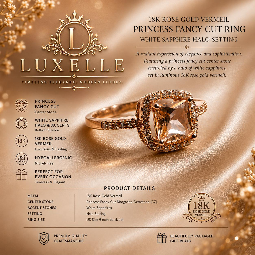 18K Rose Gold Vermeil Morganite Princess Cut Ring, White Sapphire Halo (CZ)