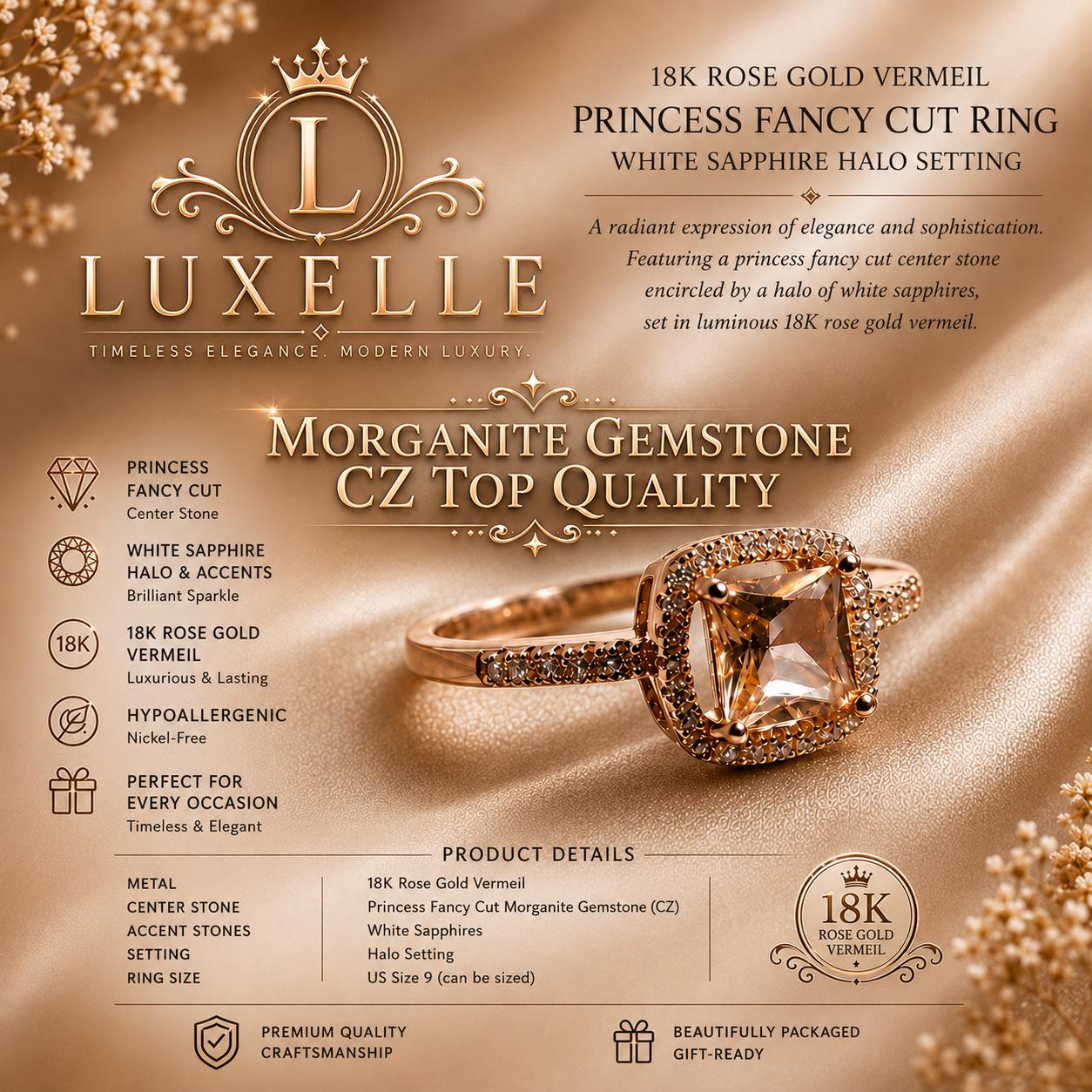 18K Rose Gold Vermeil Morganite Princess Cut Ring, White Sapphire Halo (CZ)